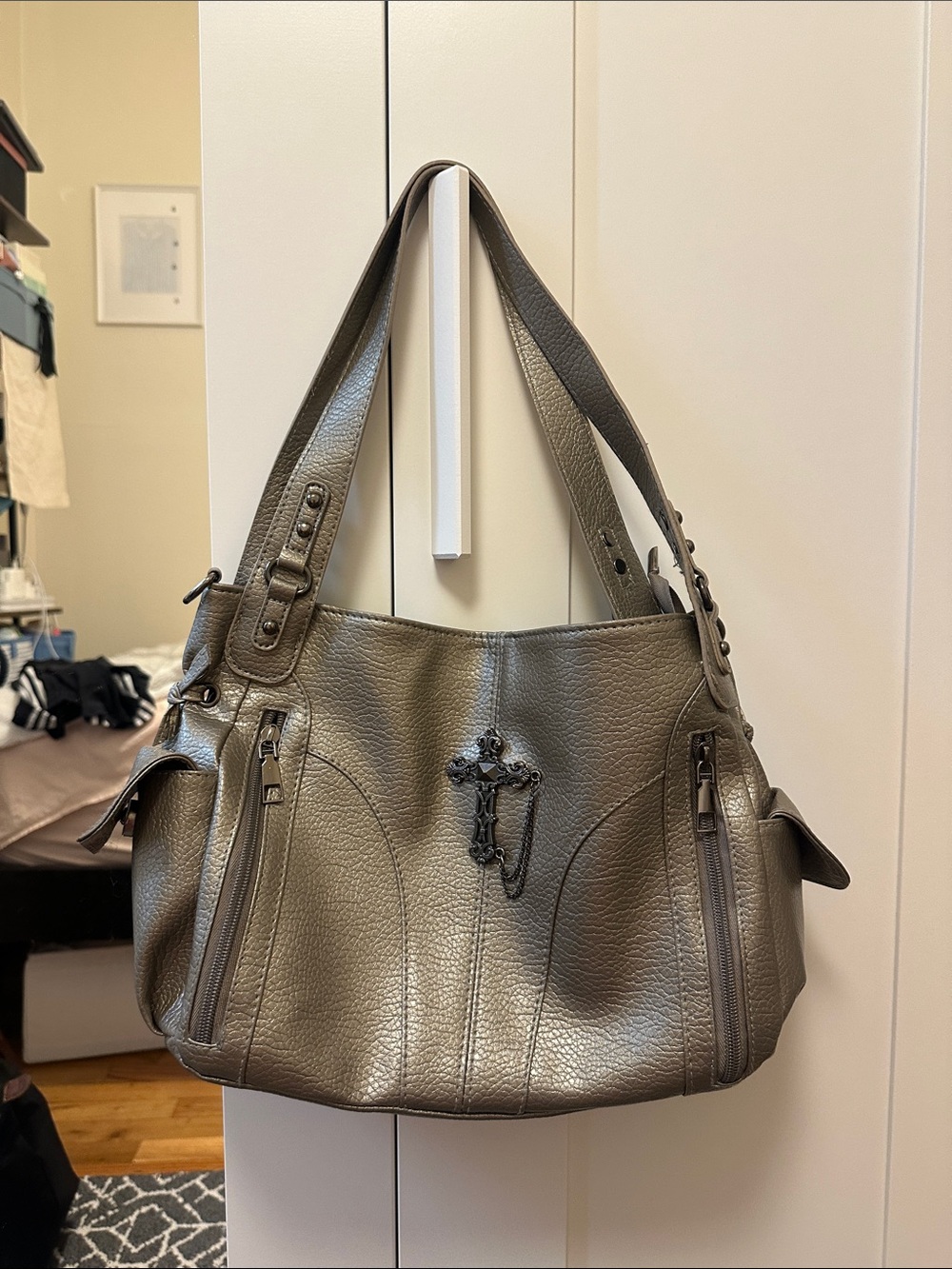 Women's Metallic Gray Leather Shoulder Bag with Cross Accent